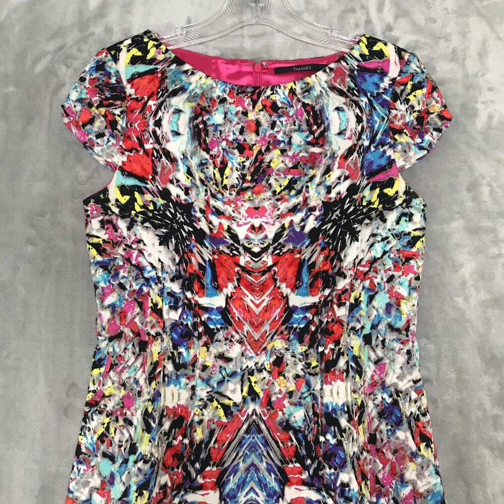 Tahari Dress Womens 4 Multicolor Geometric Print Cap Sleeve Crew Neck Sheath - Picture 3 of 14